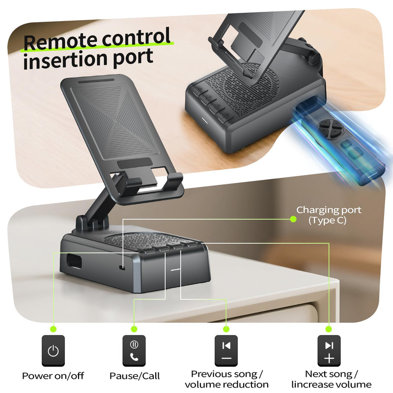 Cell Phone Stand with Bluetooth Speaker & Remote Control - Portable, All-Day Playtime, Compatible with iOS/Android