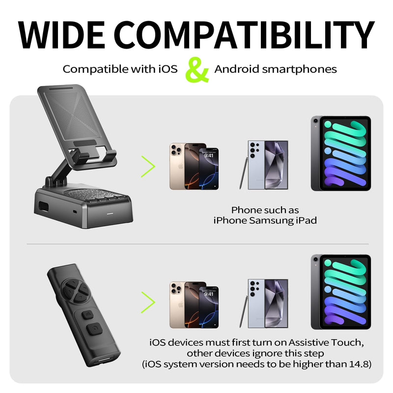 Cell Phone Stand with Bluetooth Speaker & Remote Control - Portable, All-Day Playtime, Compatible with iOS/Android