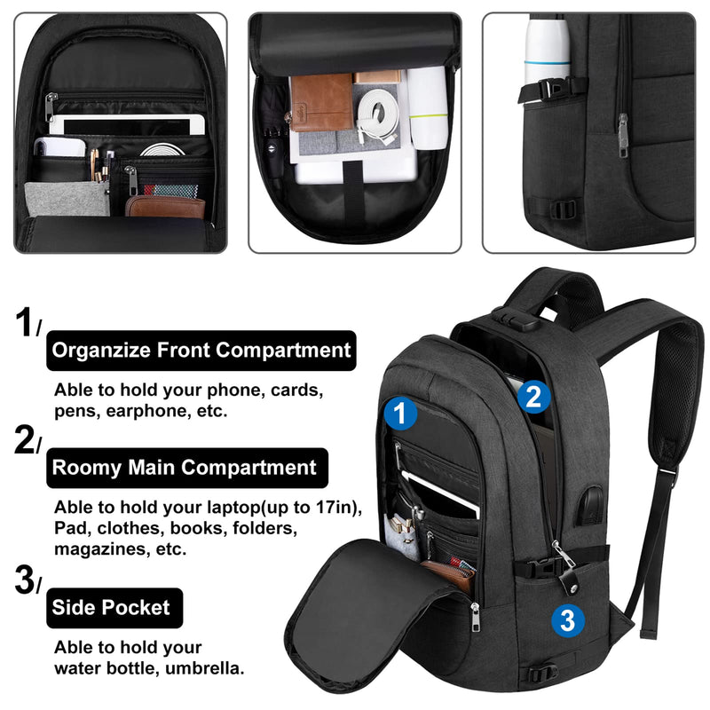 VSNOON Anti-Theft Laptop Backpack 15.6-17.3" - USB Port, Lock, Water-Resistant (Black)