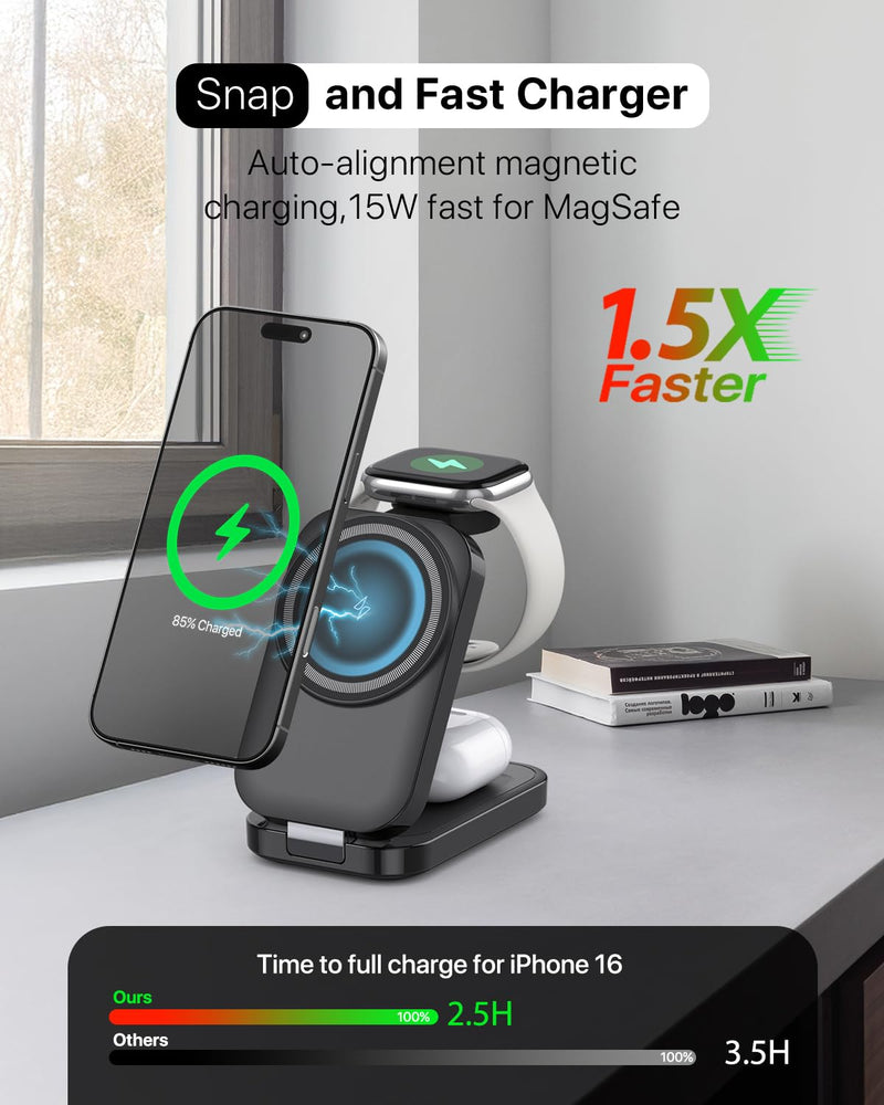 3-in-1 Wireless Charging Station for Apple - 15W Fast Foldable Magnetic Charger for iPhone, Apple Watch & AirPods
