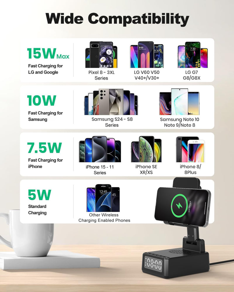 Bluetooth Speaker with Wireless Charger & Phone Stand - Foldable Stand, Alarm Clock, Birthday Gift for Men & Women