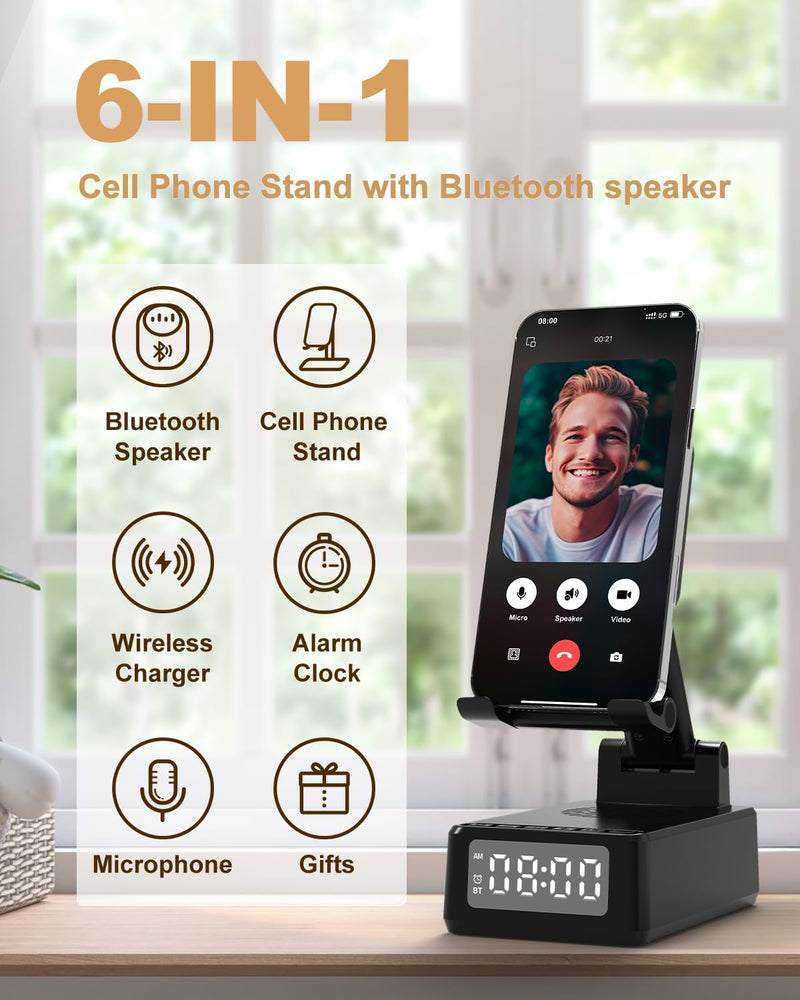 Bluetooth Speaker with Wireless Charger & Phone Stand - Foldable Stand, Alarm Clock, Birthday Gift for Men & Women