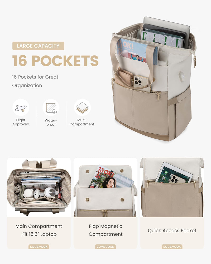 LOVEVOOK 15.6" Laptop Backpack for Women - Waterproof, USB Port, Daypack for Work & Travel (Beige/Khaki)