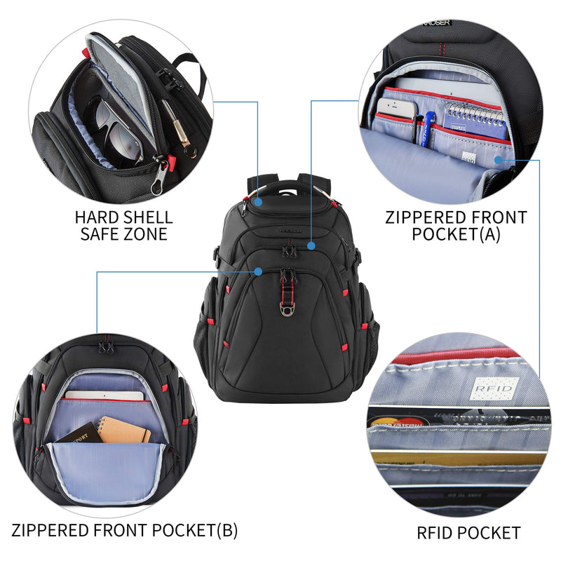 KROSER 17.3" Travel Laptop Backpack - Water-Repellent, RFID Pockets, Hard Shell (Black)
