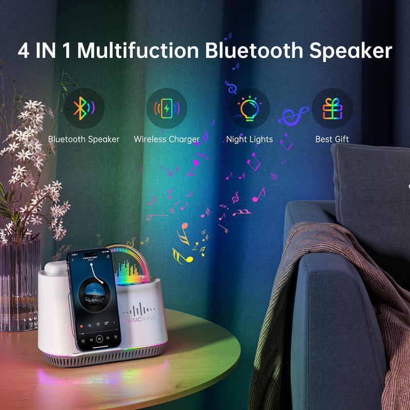 AUYLE Night Light Bluetooth Speaker - Wireless Charger, LED Music Lamp with Touch Control, Dimmable & Colored Light