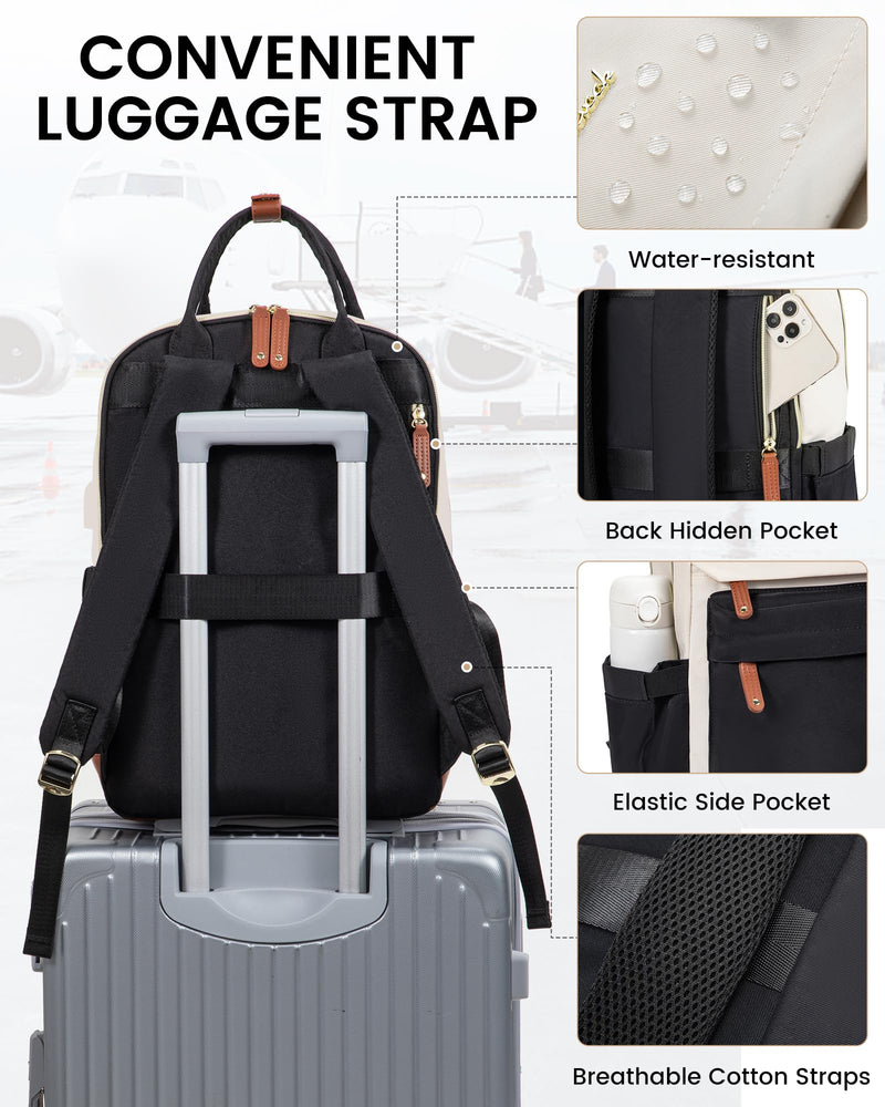 LOVEVOOK 15.6" Laptop Backpack for Women - Waterproof, USB Port, Anti-Theft Rucksack (Beige/Black)