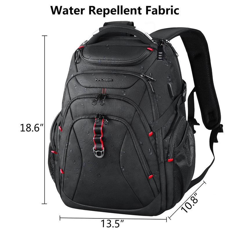 KROSER 17.3" Travel Laptop Backpack - Water-Repellent, RFID Pockets, Hard Shell (Black)