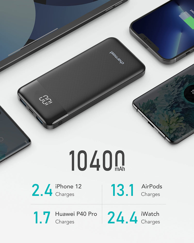 Charmast 10400mAh Power Bank - Quick Charge, USB-C, Ultra Slim Portable Charger for iPhone, Huawei & More