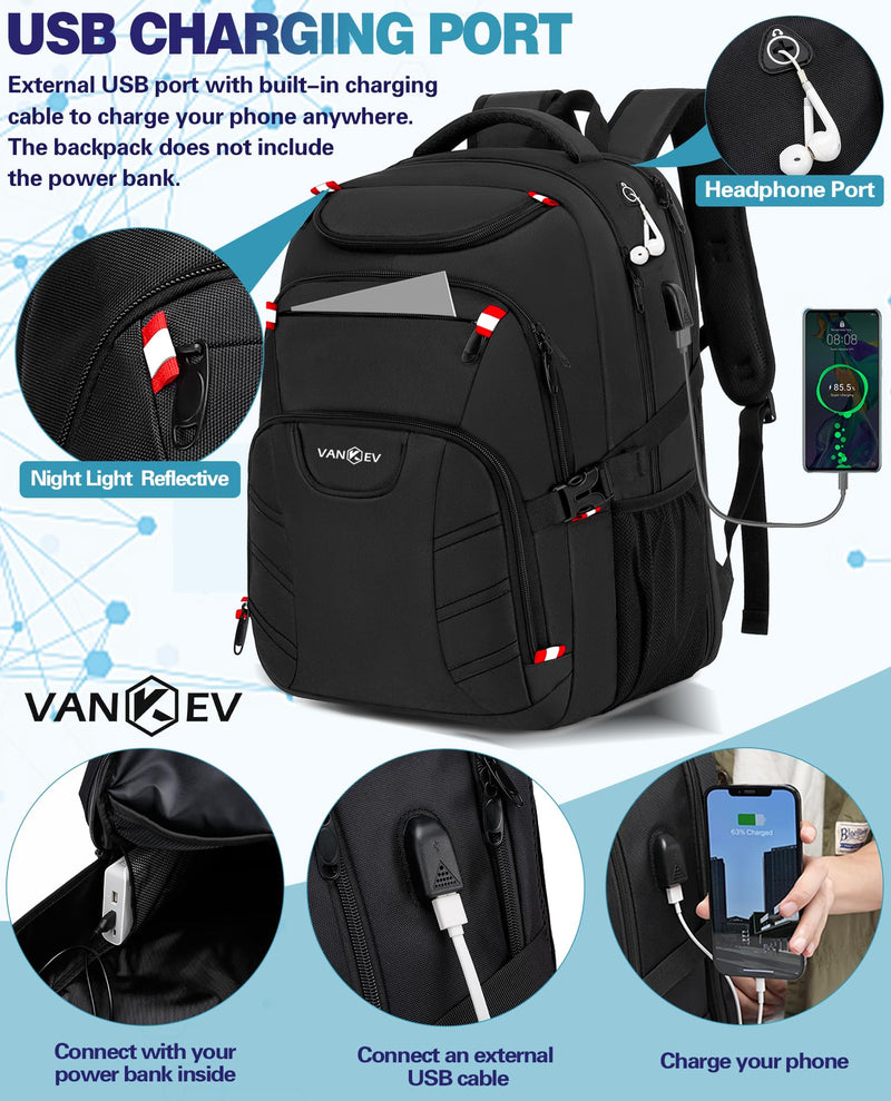 VANKEV 50L Travel Backpack - Anti-Theft, TSA Approved, 17" Laptop Bag with USB Port (Black)