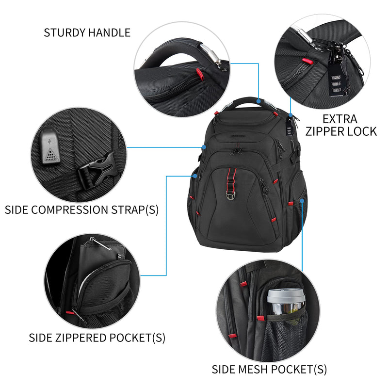 KROSER 17.3" Travel Laptop Backpack - Water-Repellent, RFID Pockets, Hard Shell (Black)