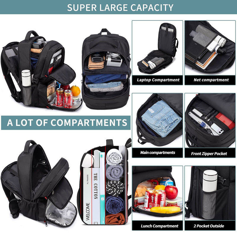 50L Extra Large Backpack for Men - Water-Resistant, USB Port, Fits 17.3" Laptop, Travel & Work Rucksack (Black)