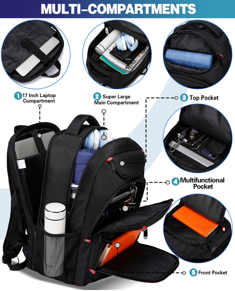 VANKEV 50L Travel Backpack - Anti-Theft, TSA Approved, 17" Laptop Bag with USB Port (Black)
