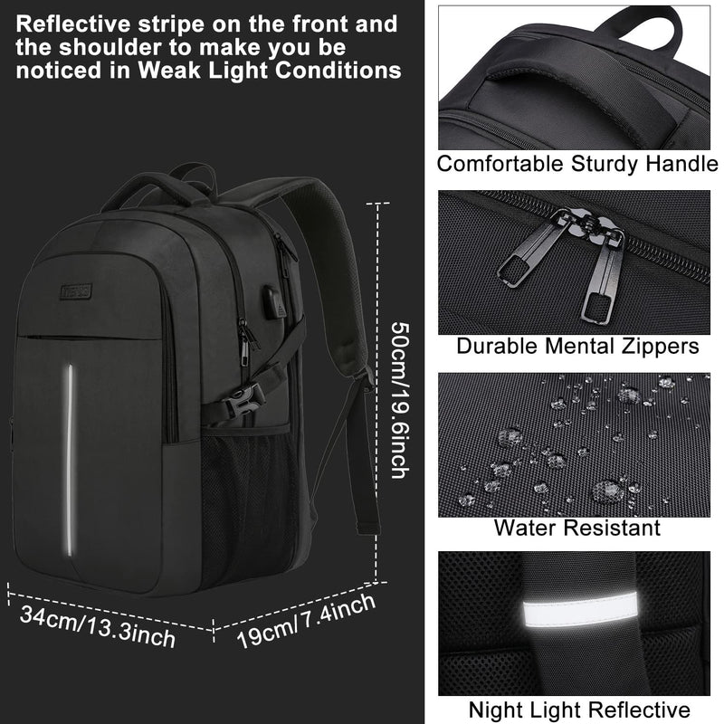 50L Extra Large Backpack for Men - Water-Resistant, USB Port, Anti-Theft, TSA Approved, Fits 17" Laptop (Black)