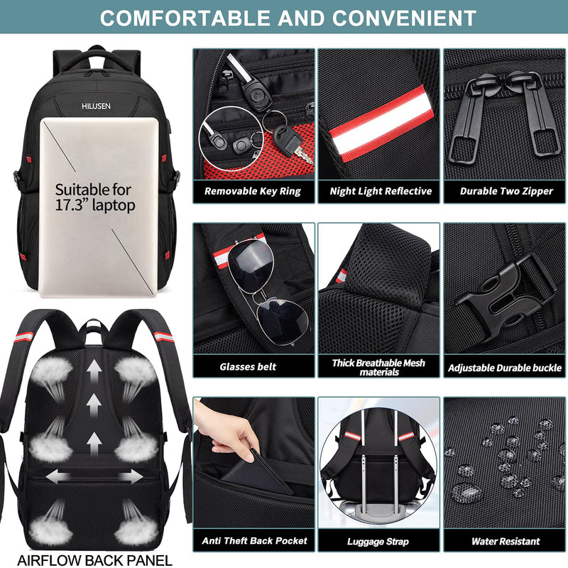 50L Extra Large Backpack for Men - Water-Resistant, USB Port, Fits 17.3" Laptop, Travel & Work Rucksack (Black)