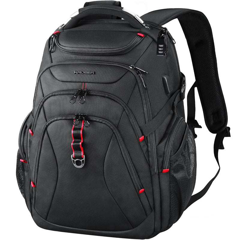 KROSER 17.3" Travel Laptop Backpack - Water-Repellent, RFID Pockets, Hard Shell (Black)